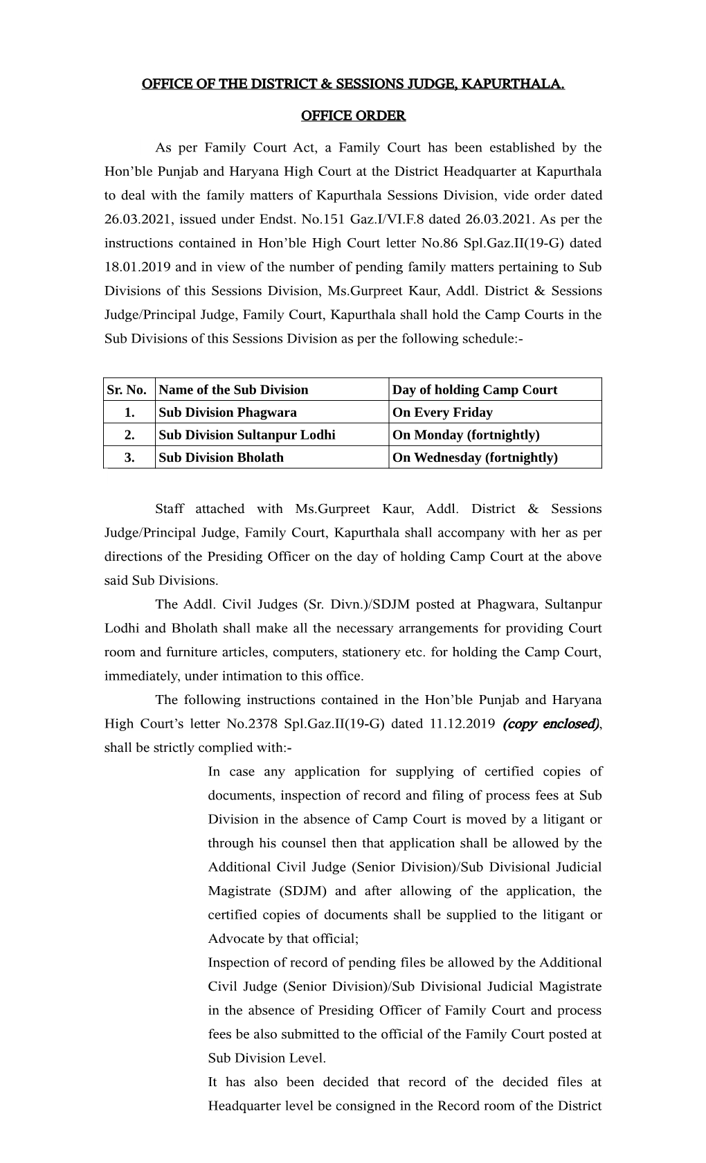 Office Order Regarding Functioning of Camp Court at Sub-Divisions