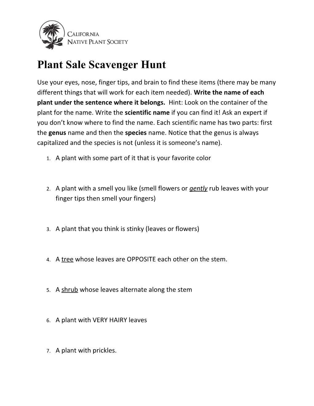 Plant Sale Scavenger Hunt