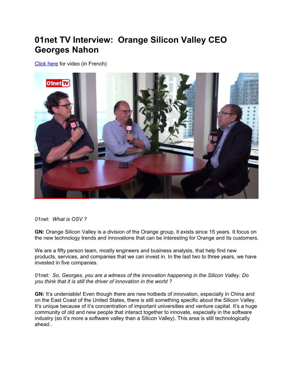 01Net TV Interview: Orange Silicon Valley CEO Georges Nahon