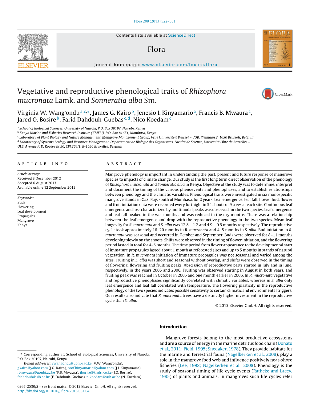 Vegetative and Reproductive Phenological Traits of Rhizophora