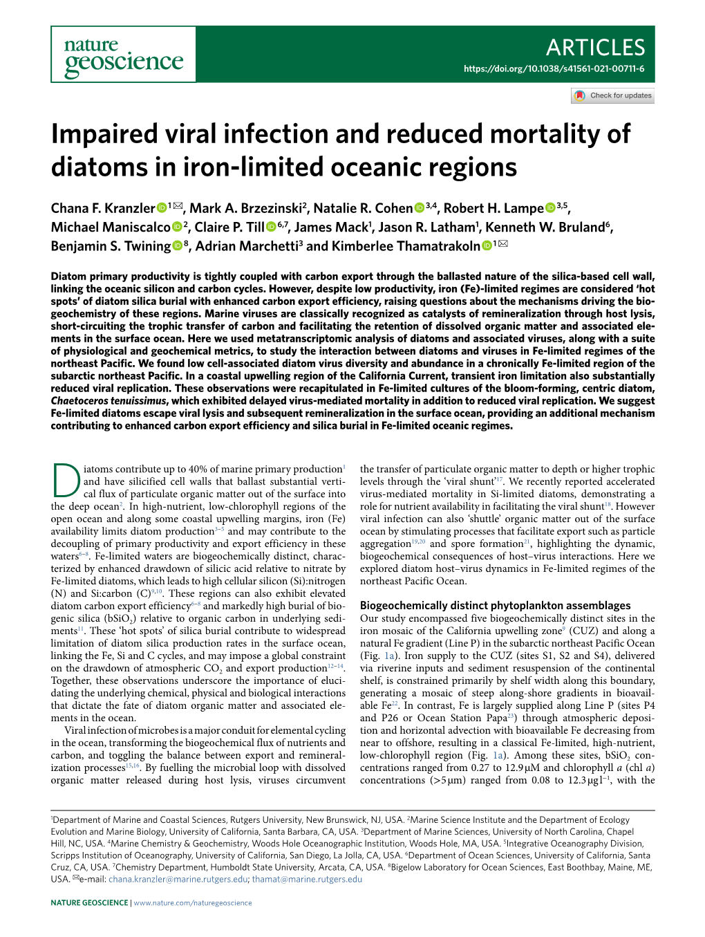Impaired Viral Infection and Reduced Mortality of Diatoms in Iron-Limited Oceanic Regions