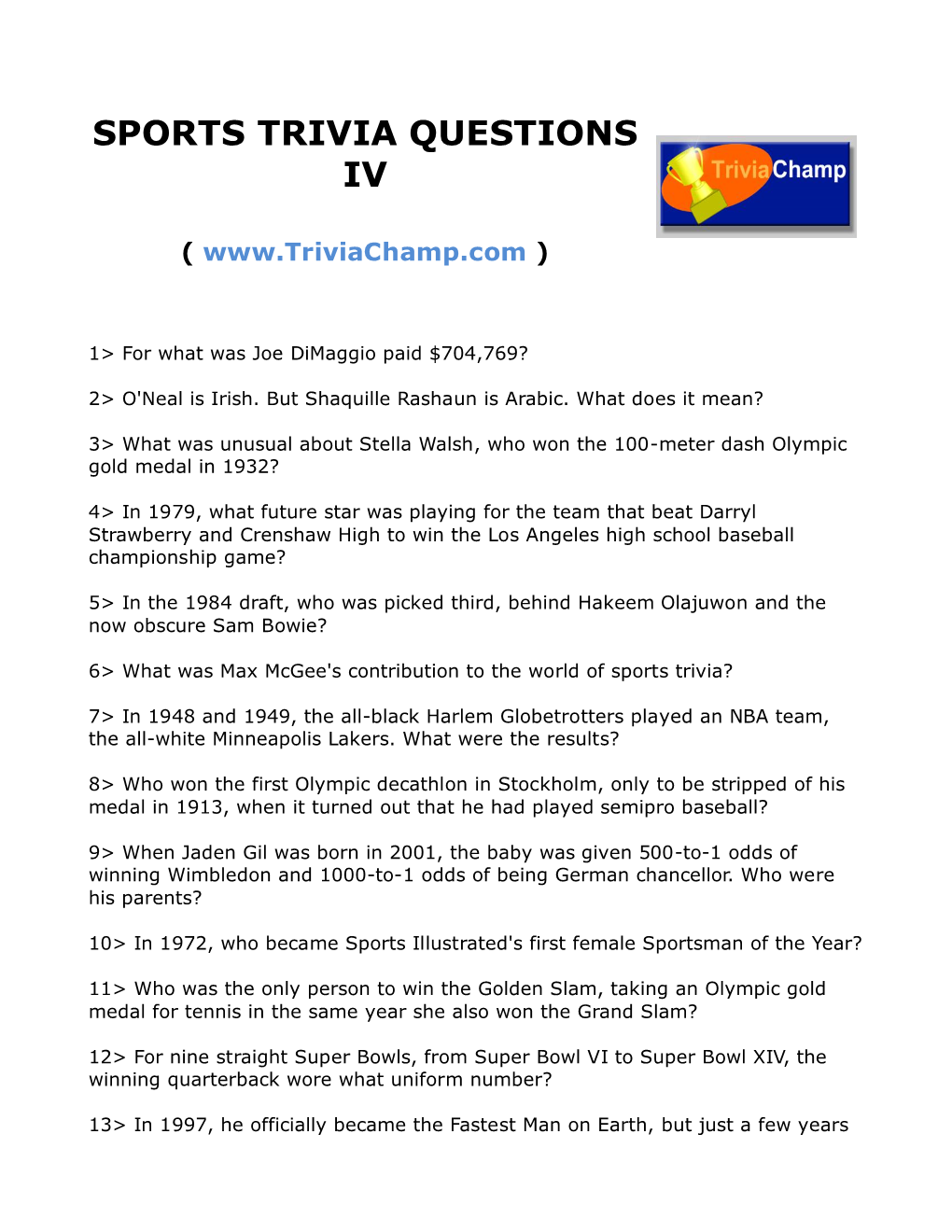 Sports Trivia Questions Iv