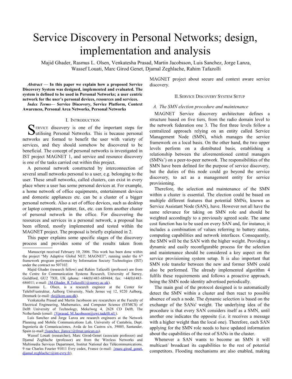 Service Discovery in Personal Networks; Design, Implementation and Analysis