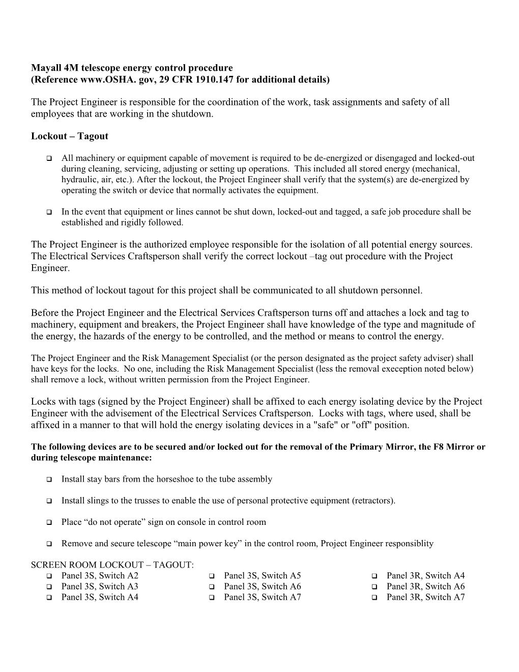 2003 Mayall 4M Summary of the Control of Energy Procedure