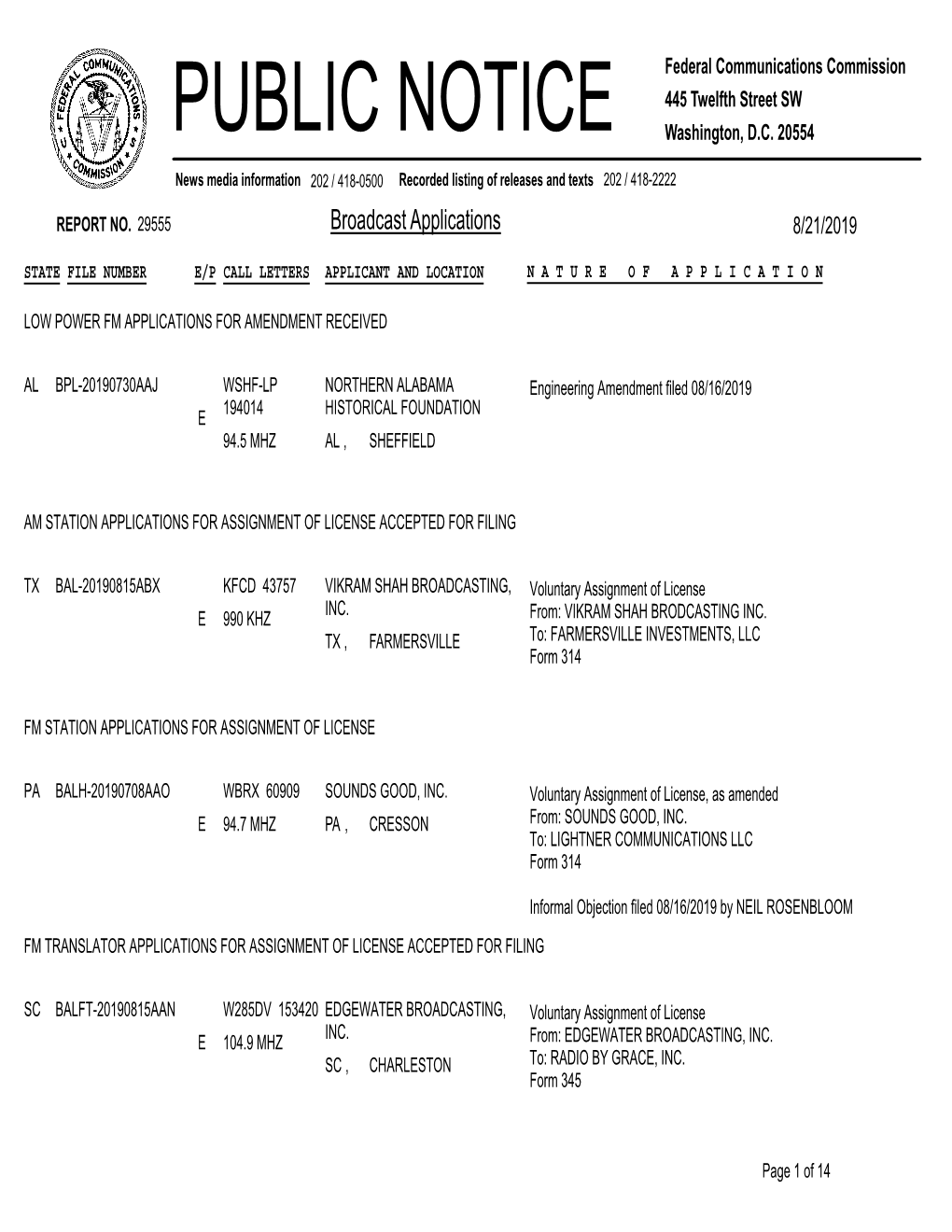 PUBLIC NOTICE Federal Communications Commission