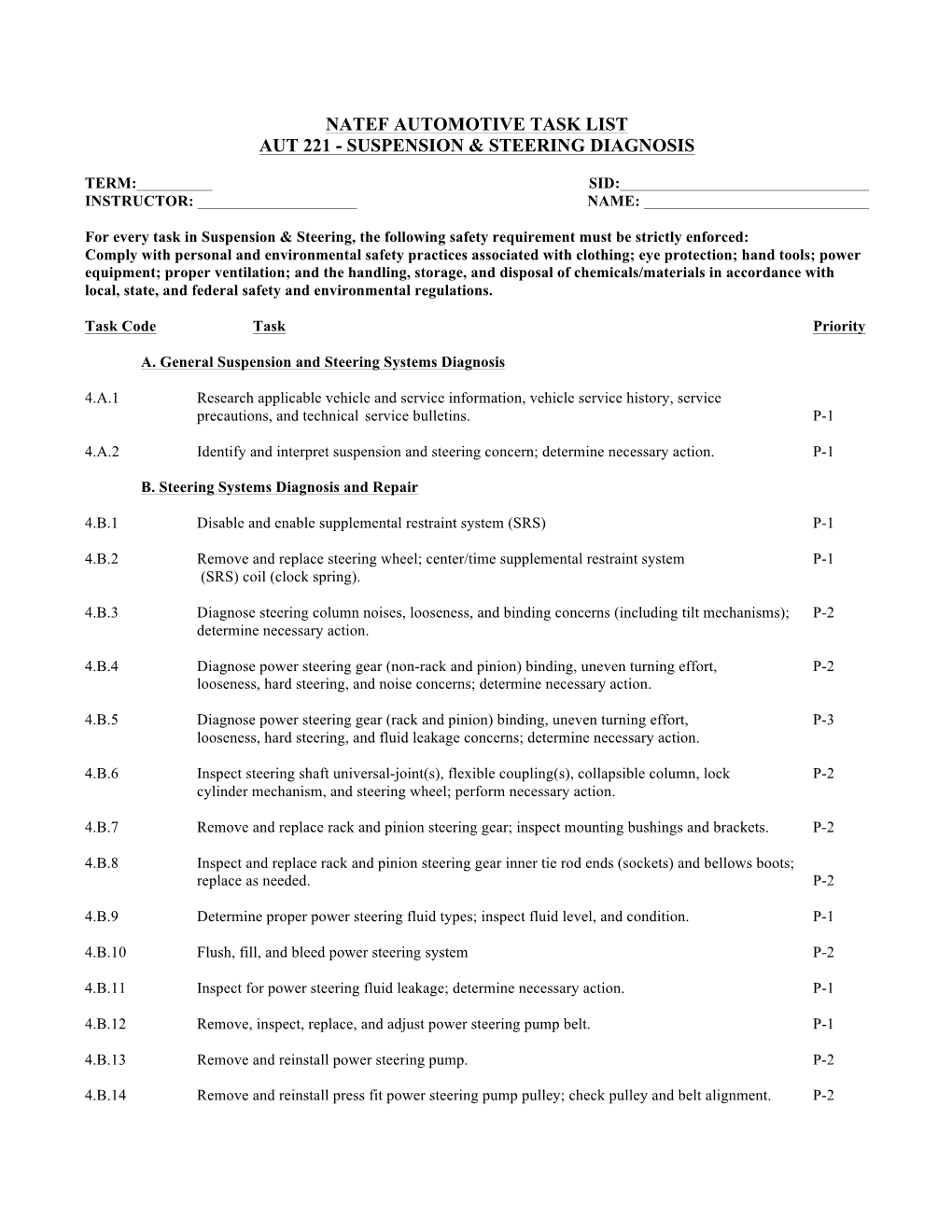 Automotive Task List Aut 221 - Suspension & Steering Diagnosis