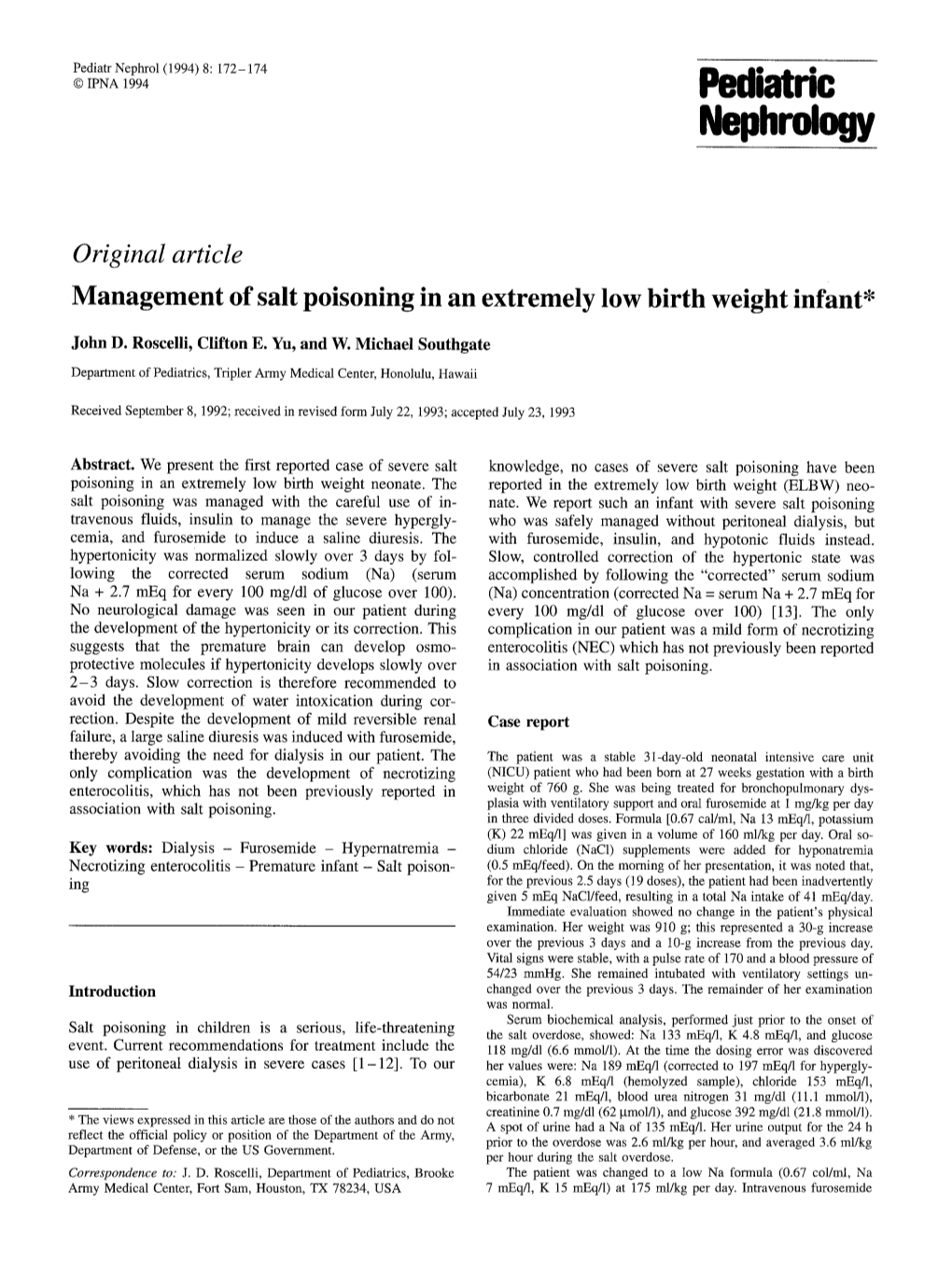 Management of Salt Poisoning in an Extremely Low Birth Weight Infant*