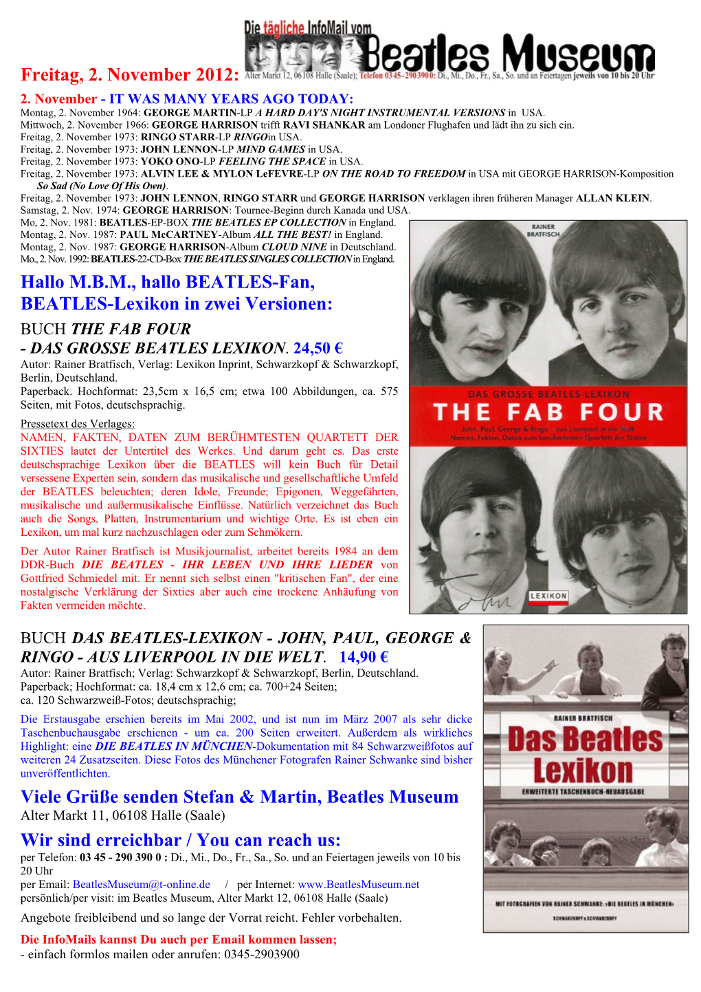 Freitag, 2. November 2012: Hallo MBM, Hallo BEATLES-Fan, BEATLES-Lexikon in Zwei Versionen