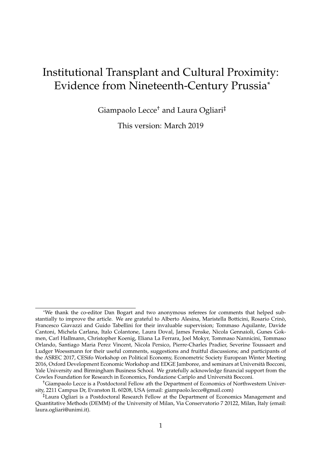 Institutional Transplant and Cultural Proximity: Evidence from Nineteenth-Century Prussia*