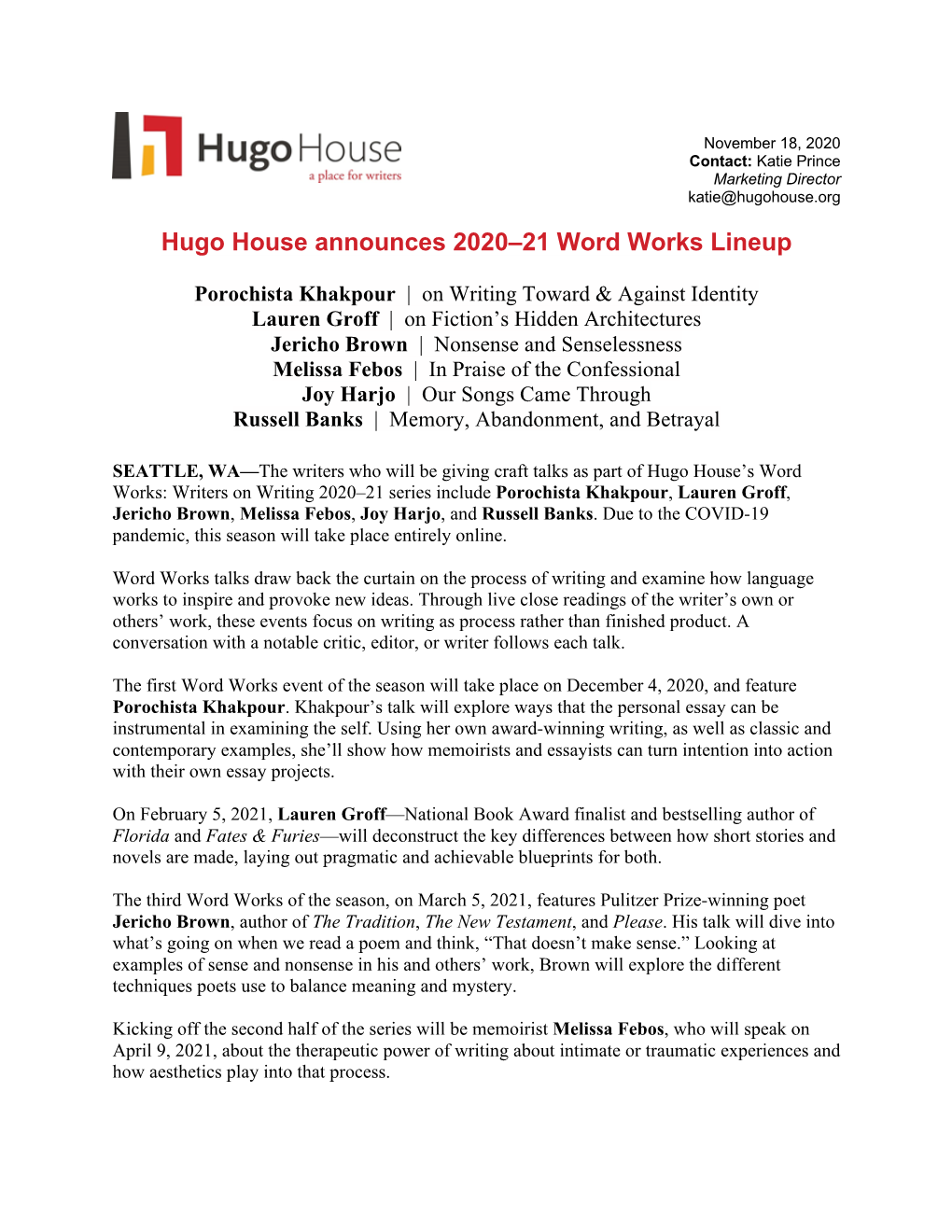 Hugo House Announces 2020–2021 Word Works Series Lineup