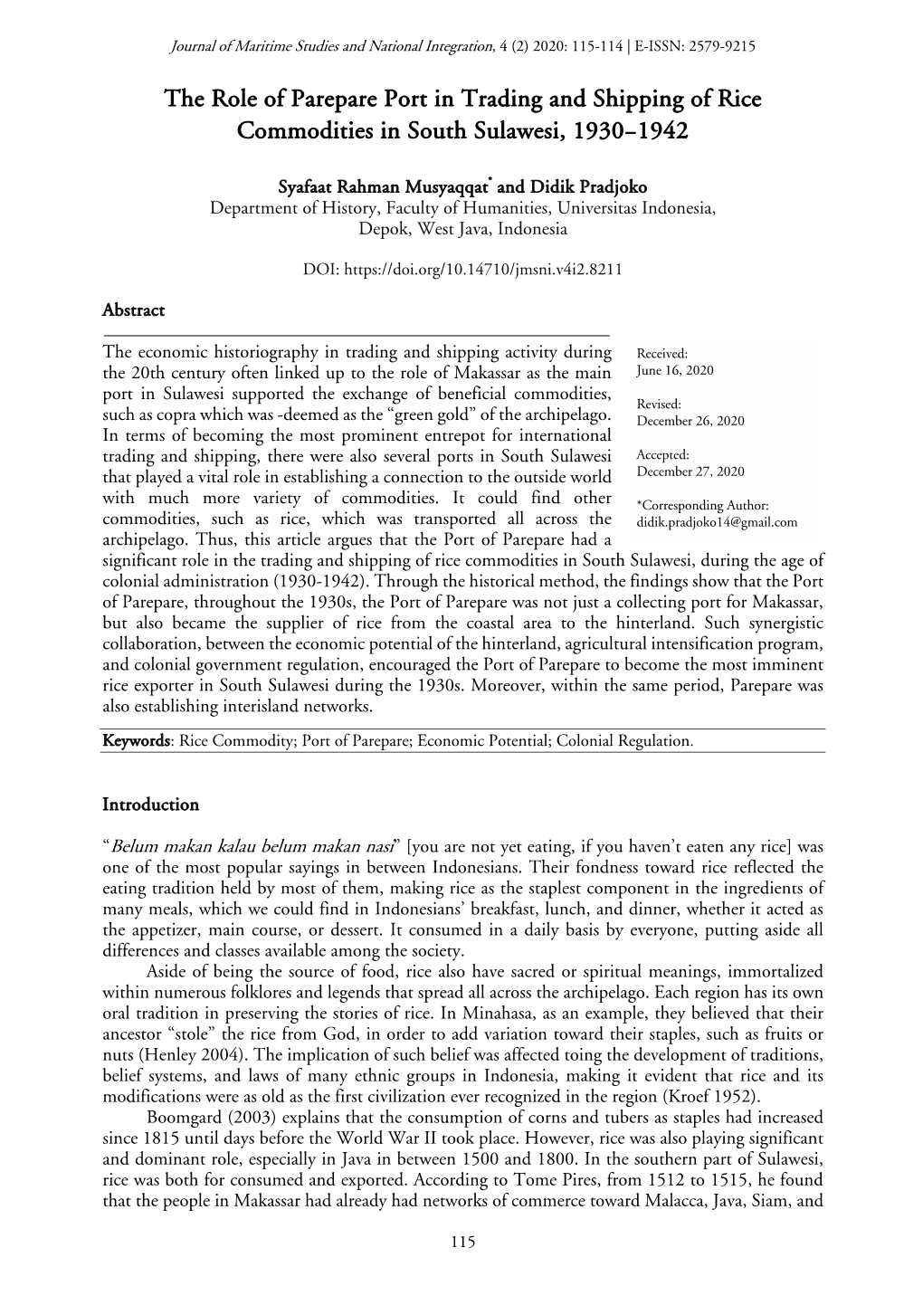 The Role of Parepare Port in Trading and Shipping of Rice Commodities in South Sulawesi, 1930−1942