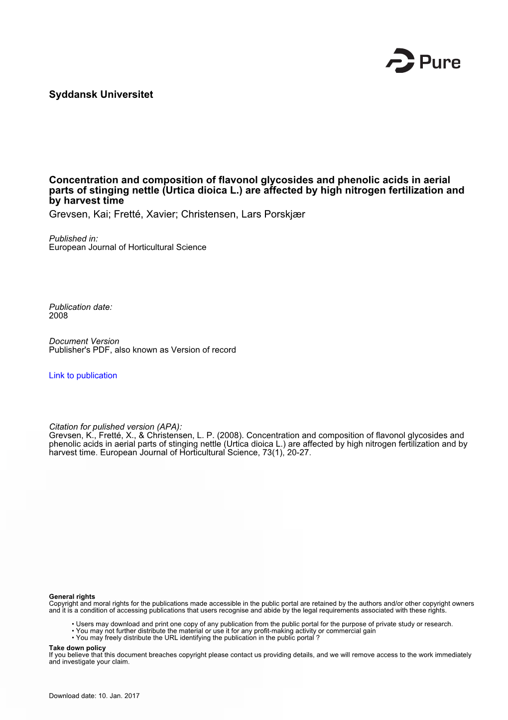 Syddansk Universitet Concentration and Composition of Flavonol