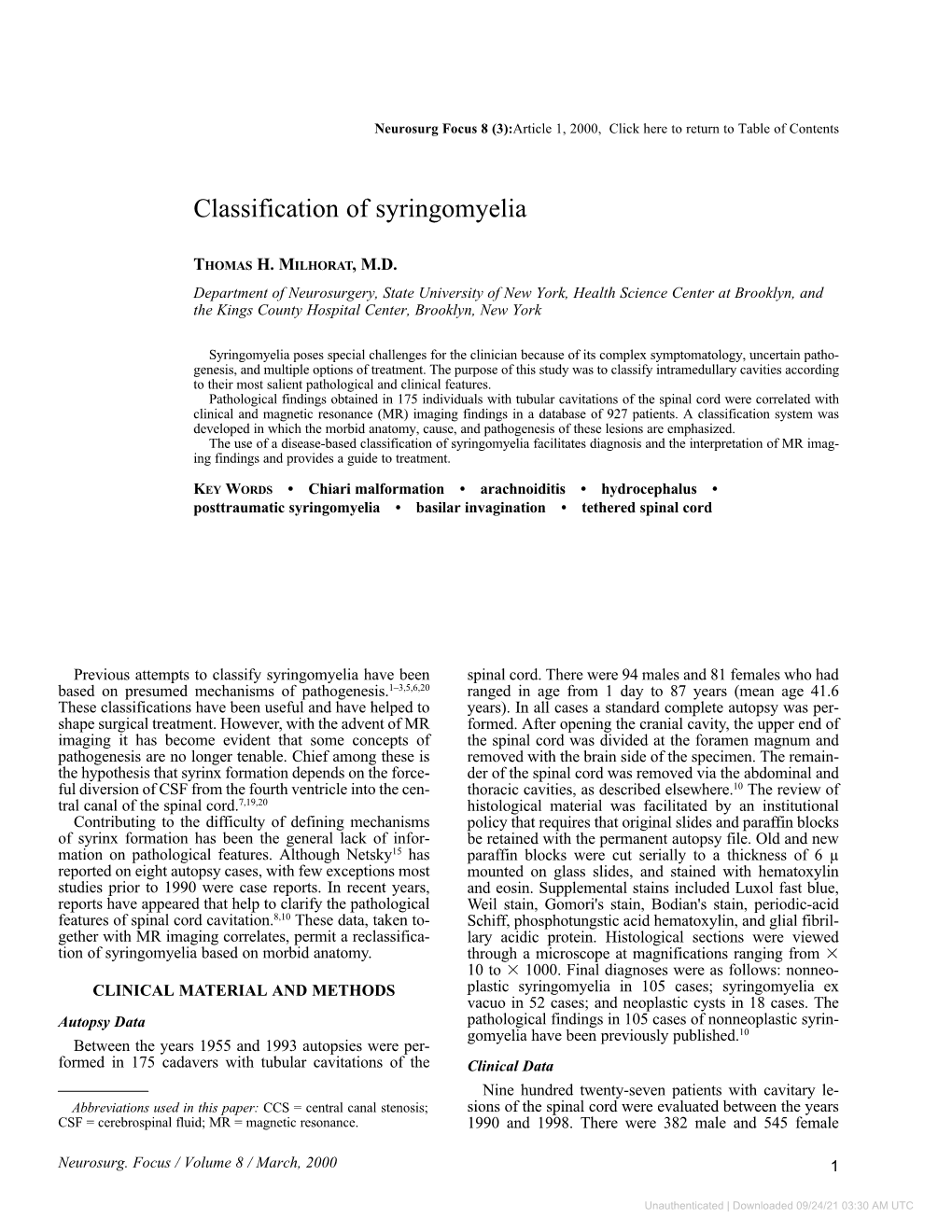 Classification of Syringomyelia