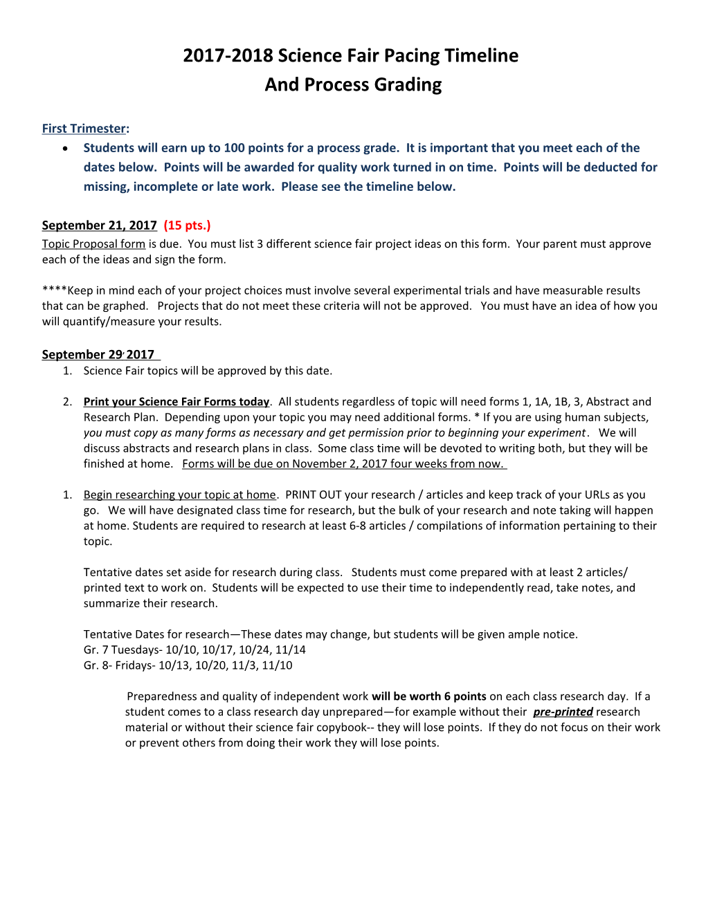 2017-2018 Science Fair Pacing Timeline