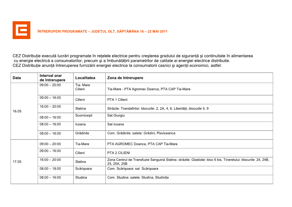 CEZ Distribuţie Execută Lucrări Programate În Reţelele Electrice