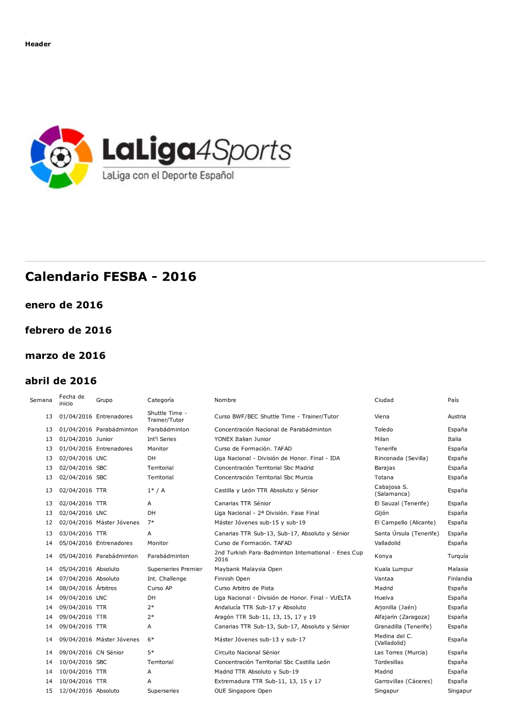 Calendario FESBA 2016