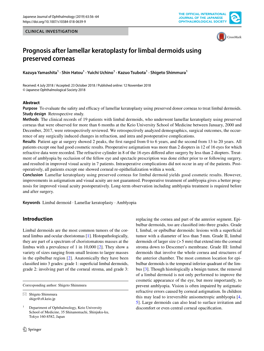 Prognosis After Lamellar Keratoplasty for Limbal Dermoids Using Preserved Corneas