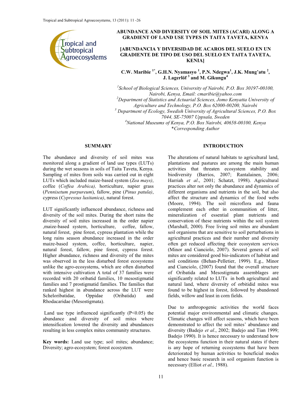 Abundance and Diversity of Soil Mites (Acari) Along a Gradient of Land Use Types in Taita Taveta, Kenya