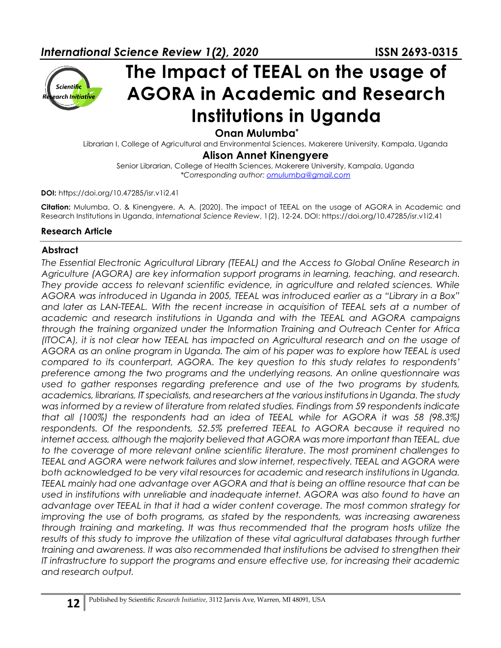 The Impact of TEEAL on the Usage of AGORA in Academic and Research Institutions in Uganda