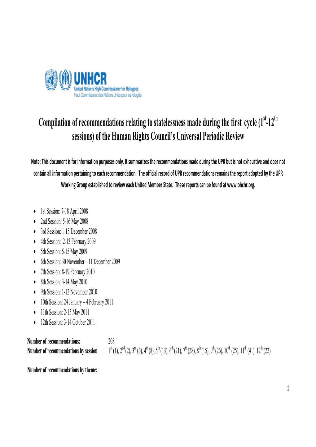 Compilation of Recommendations Relating to Statelessness Made During the First Cycle (1St-12Th Sessions) of the Human Rights Council’S Universal Periodic Review