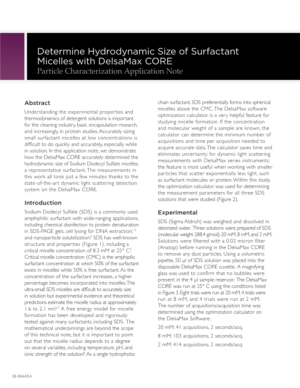 Determine Hydrodynamic Size of Surfactant Micelles with Delsamax CORE Particle Characterization Application Note