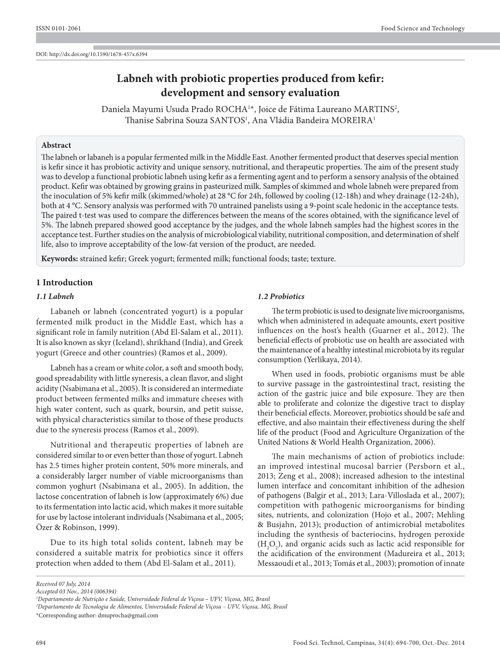 Labneh with Probiotic Properties Produced from Kefir: Development and Sensory Evaluation