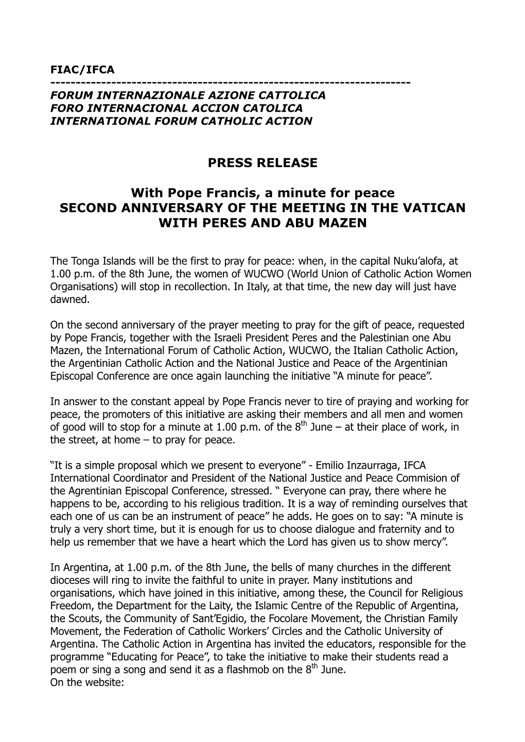 PRESS RELEASE with Pope Francis, a Minute for Peace SECOND