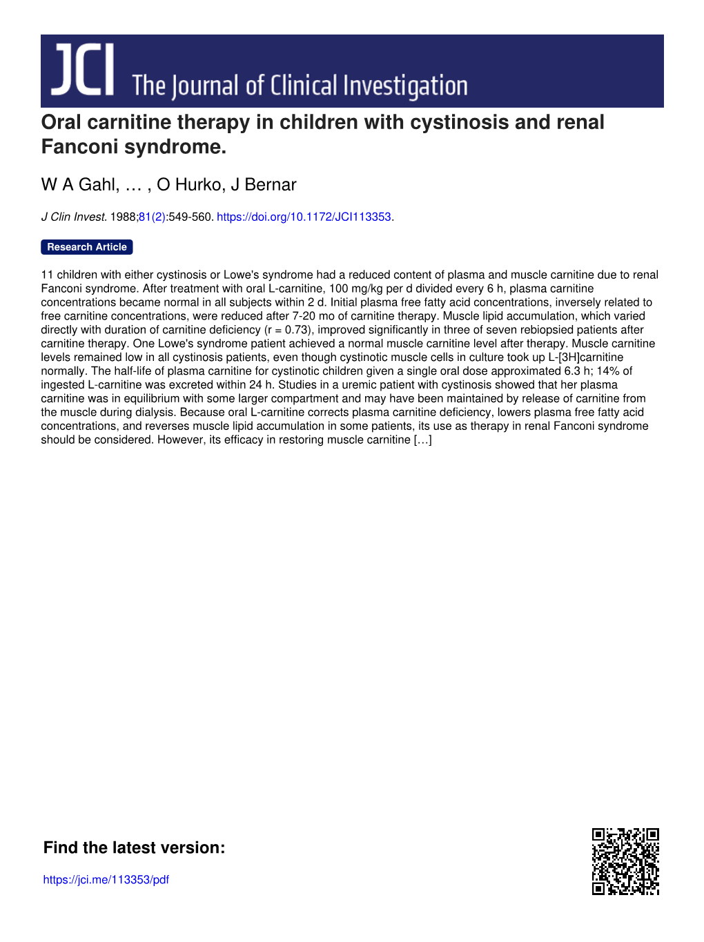 Oral Carnitine Therapy in Children with Cystinosis and Renal Fanconi Syndrome