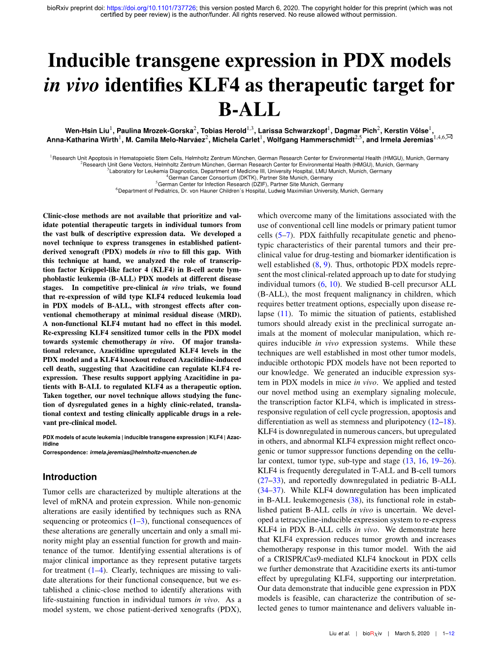 Inducible Transgene Expression in PDX Models in Vivo Identifies KLF4 As Therapeutic Target for B-ALL