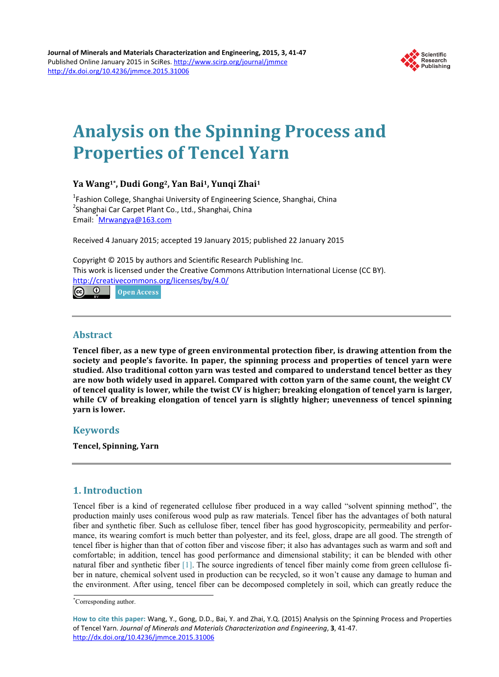 Analysis on the Spinning Process and Properties of Tencel Yarn