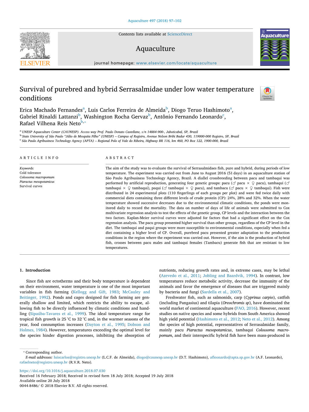 Survival of Purebred and Hybrid Serrasalmidae Under Low Water Temperature Conditions T