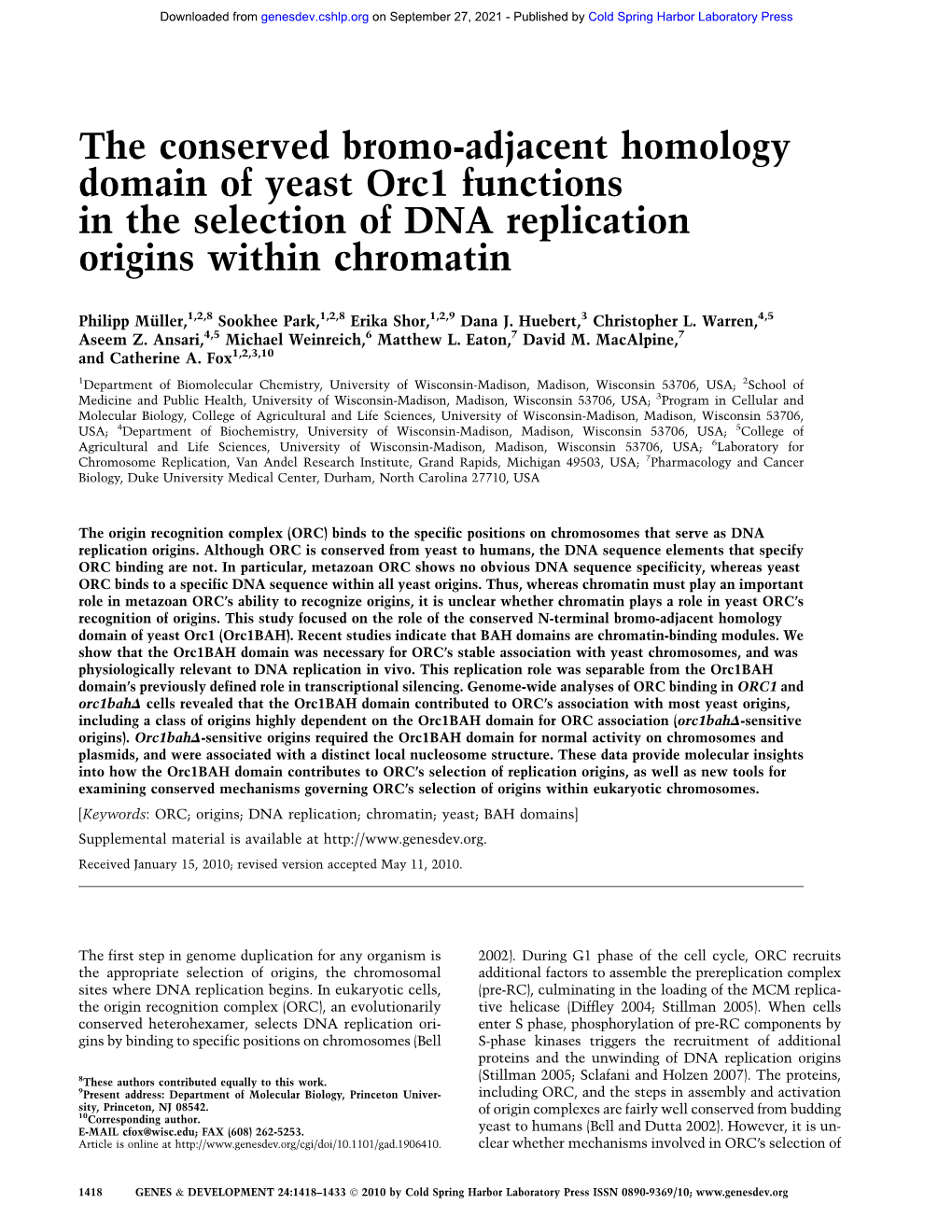 The Conserved Bromo-Adjacent Homology Domain of Yeast Orc1 Functions in the Selection of DNA Replication Origins Within Chromatin