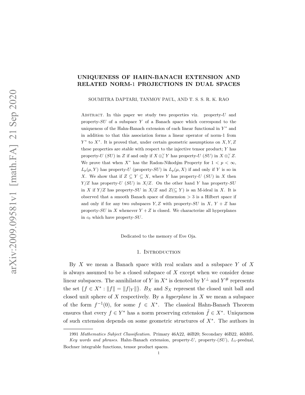 Arxiv:2009.09581V1 [Math.FA] 21 Sep 2020 H Set the Sawy Sue Ob Lsdsbpc of of Subspace Annihilator the Closed a Subspaces