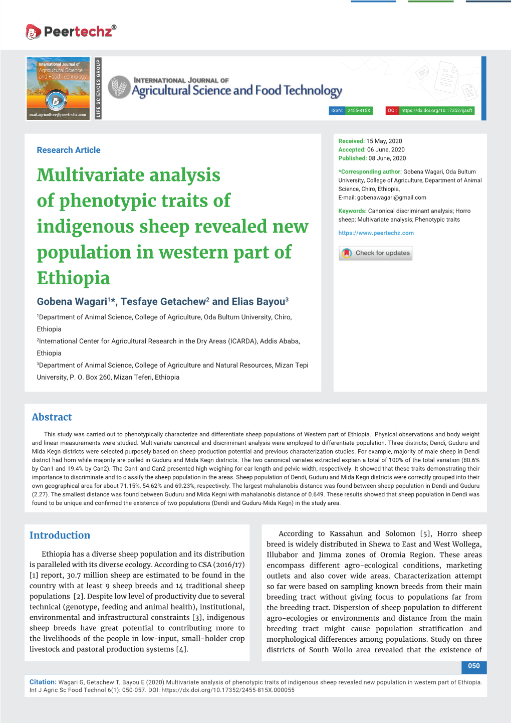 Multivariate Analysis of Phenotypic Traits of Indigenous Sheep Revealed New Population in Western Part of Ethiopia