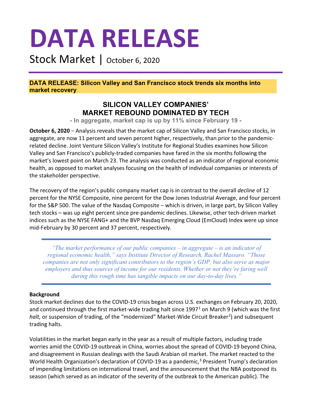 DATA RELEASE Stock Market | October 6, 2020