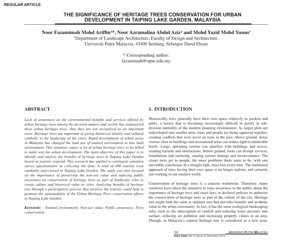 The Significance of Heritage Trees Conservation for Urban Development in Taiping Lake Garden, Malaysia