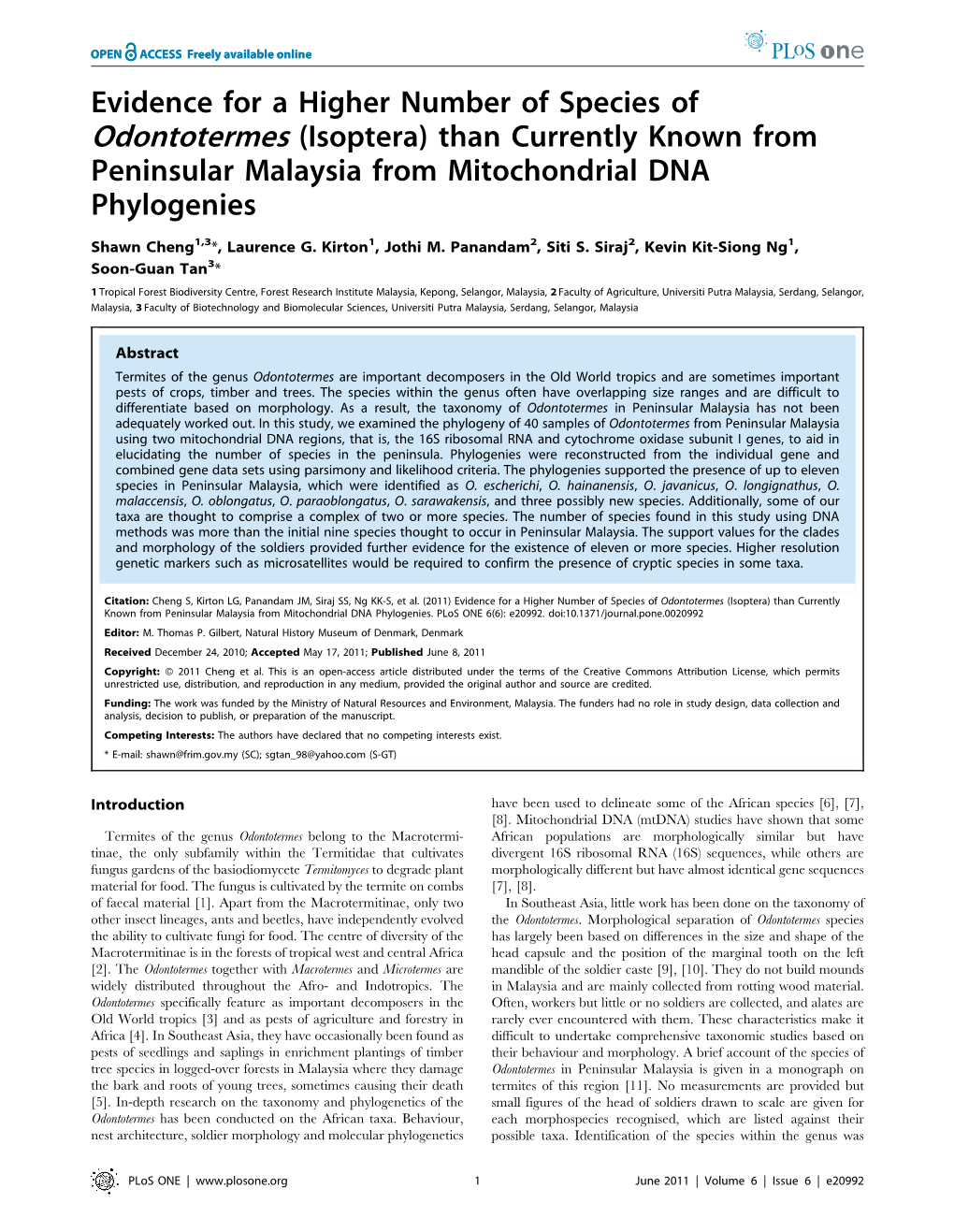 Evidence for a Higher Number of Species of Odontotermes (Isoptera) Than Currently Known from Peninsular Malaysia from Mitochondrial DNA Phylogenies
