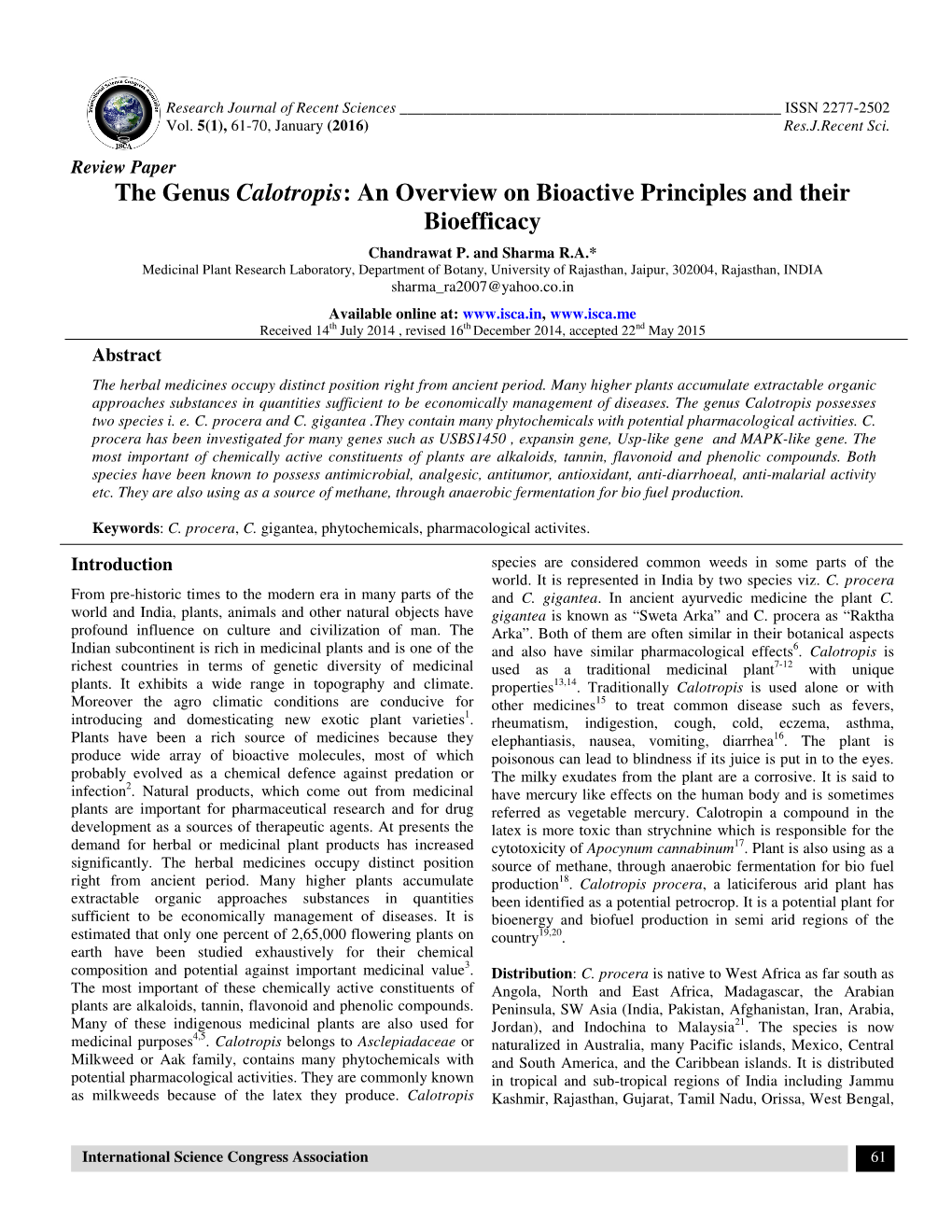 The Genus Calotropis: an Overview on Bioactive Principles and Their