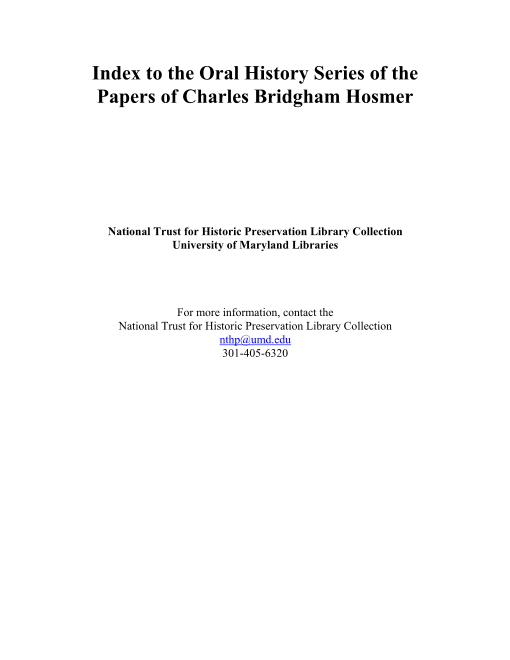 Index to the Oral History Series of the Papers of Charles Bridgham Hosmer