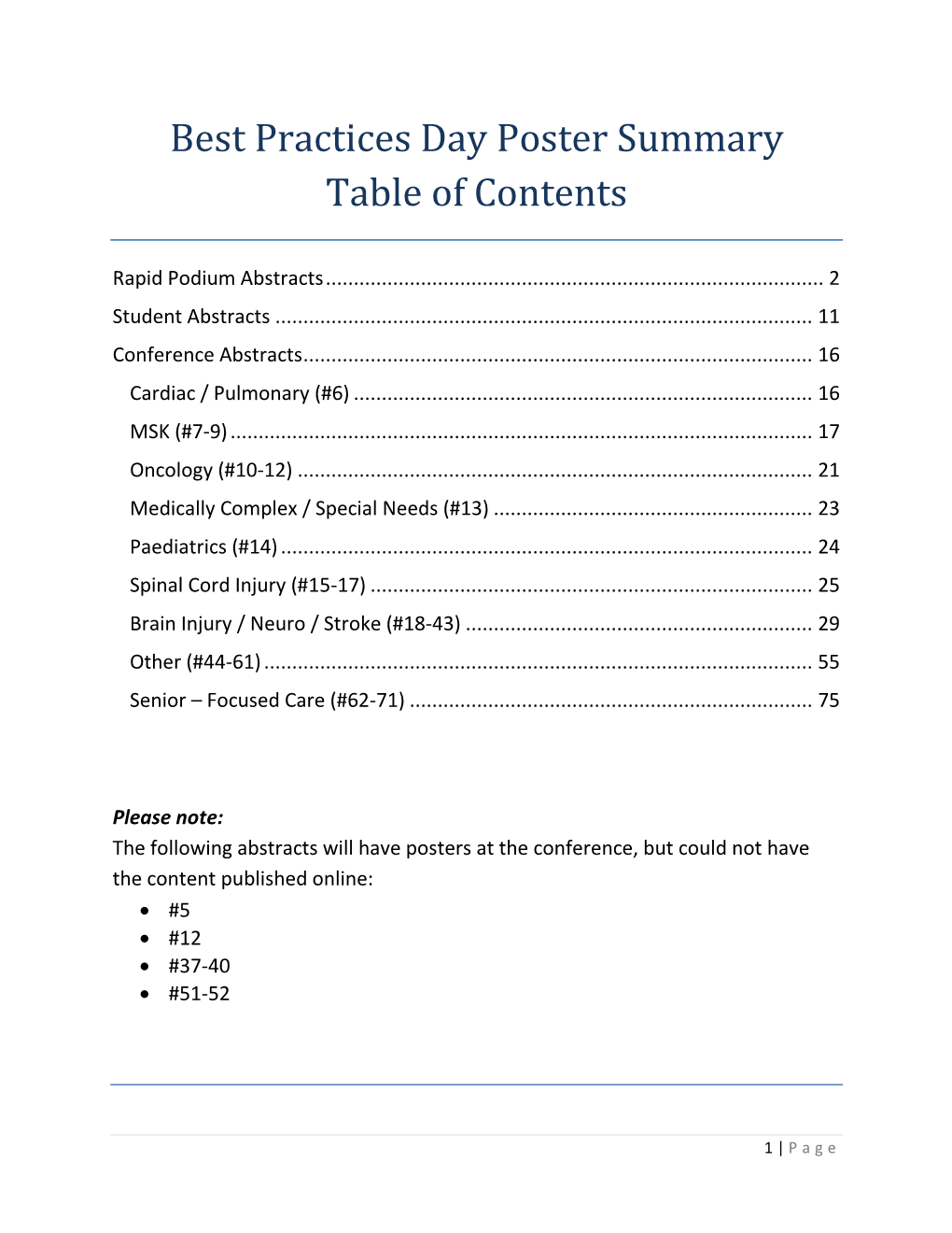 Best Practices Day Poster Summary Table of Contents