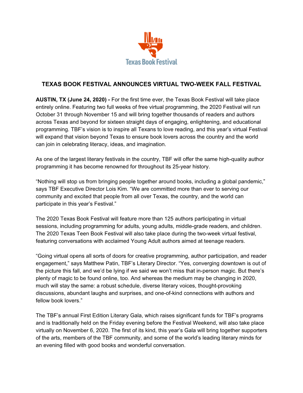 June 24, 2020 – Texas Book Festival Announces Virtual Two-Week Fall