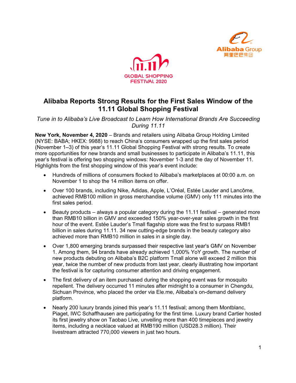 Alibaba Reports Strong Results for the First Sales Window of the 11.11