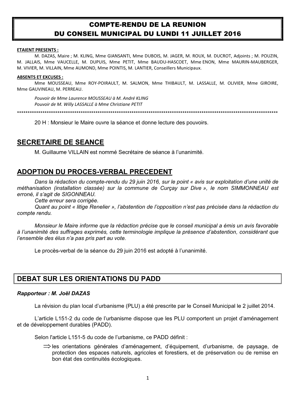 Compte-Rendu De La Reunion Du Conseil Municipal Du Lundi 11 Juillet 2016