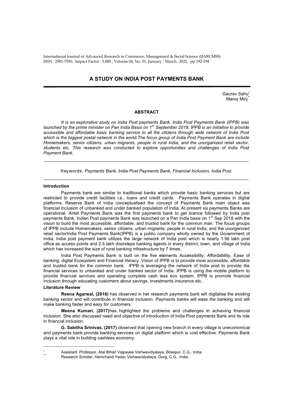 A Study on India Post Payments Bank
