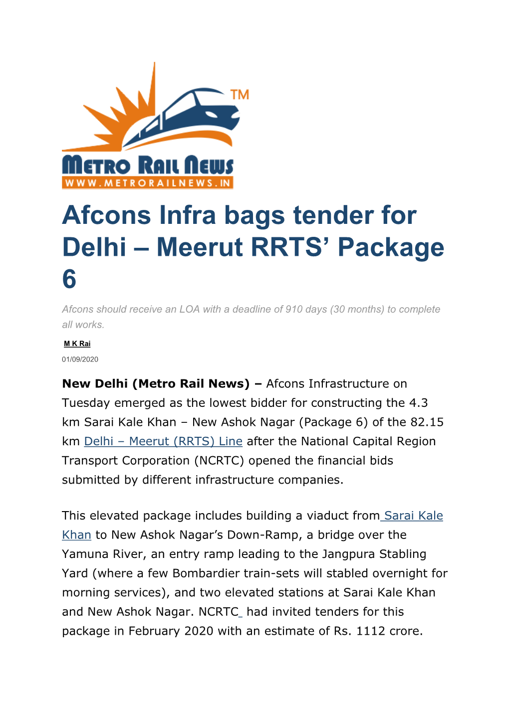 Afcons Infra Bags Tender for Delhi – Meerut RRTS’ Package 6