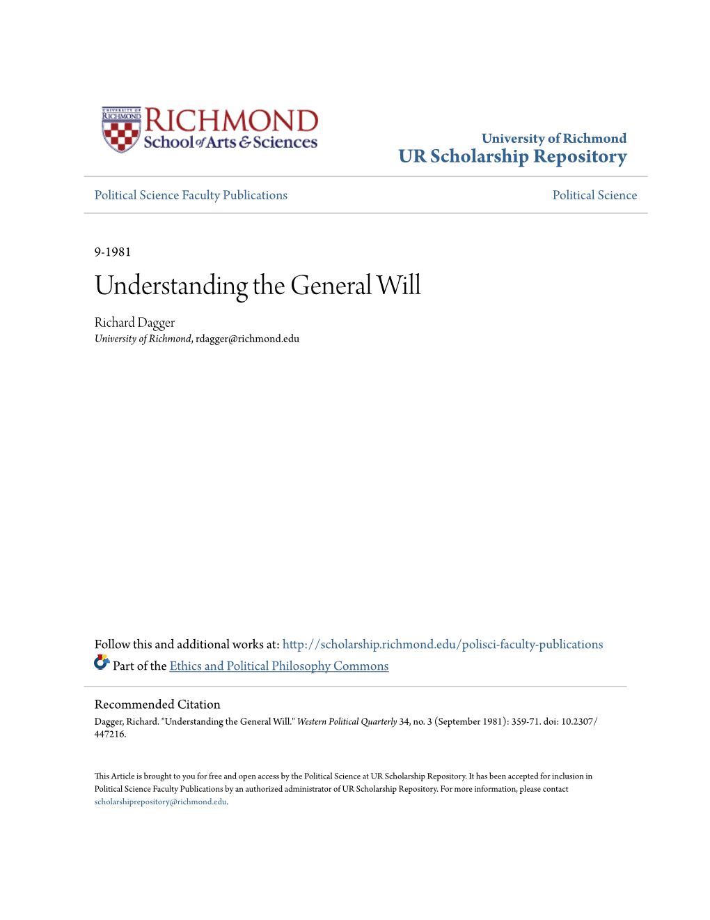 Understanding the General Will Richard Dagger University of Richmond, Rdagger@Richmond.Edu