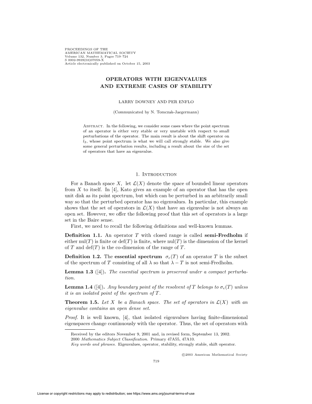 OPERATORS with EIGENVALUES and EXTREME CASES of STABILITY 1. Introduction for a Banach Space X, Let L(X)