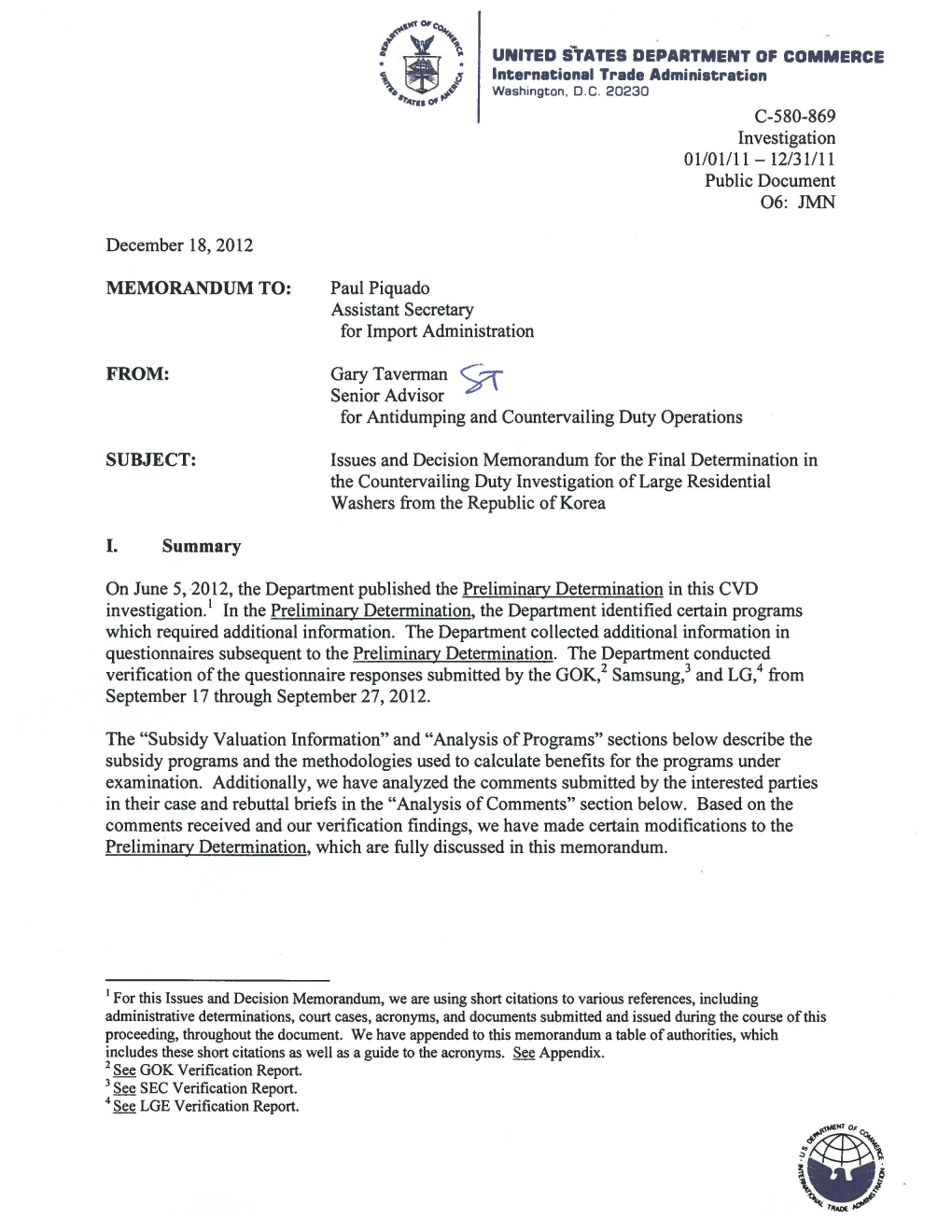 Issues and Decision Memorandum for the Final Determination in the Countervailing Duty Investigation of Large Residential Washers from the Republic Ofkorea
