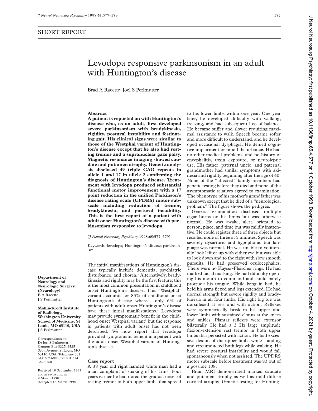 Levodopa Responsive Parkinsonism in an Adult with Huntington's Disease