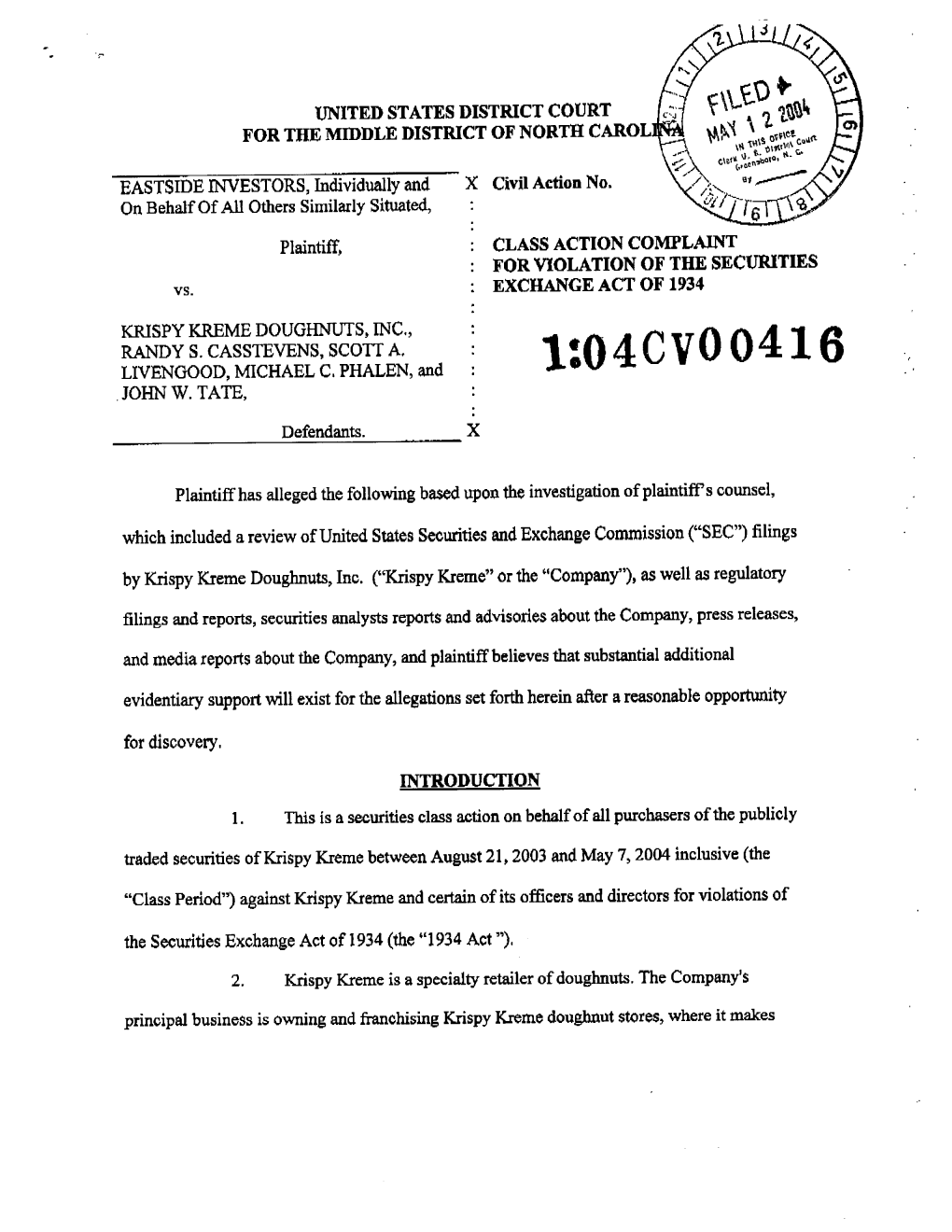 In Re: Krispy Kreme Doughnuts, Inc. Securities Litigation 04-CV-00416